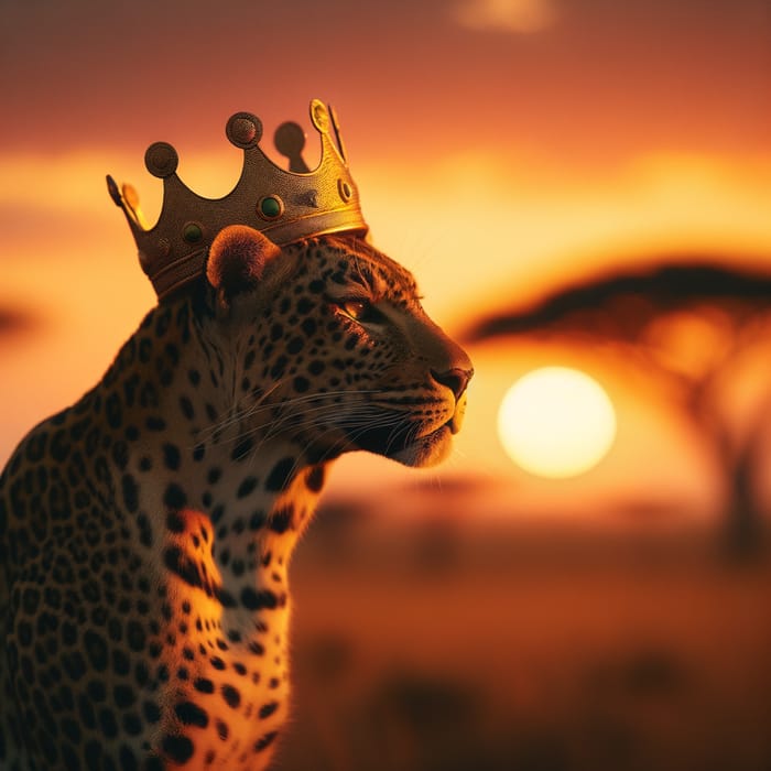 Regal Leopard with Crown in Savannah Sunset