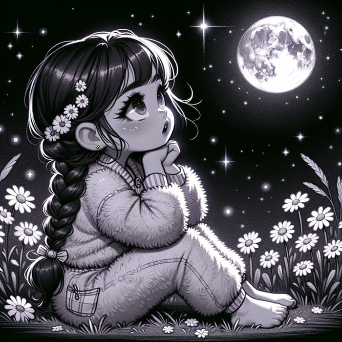 Cute Girl Admiring Moon in Night Sky Sketch