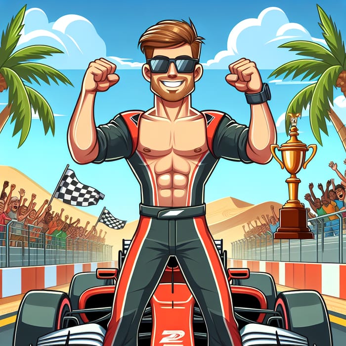 Cartoon Art of Race Car Driver Winning Desert Grand Prix