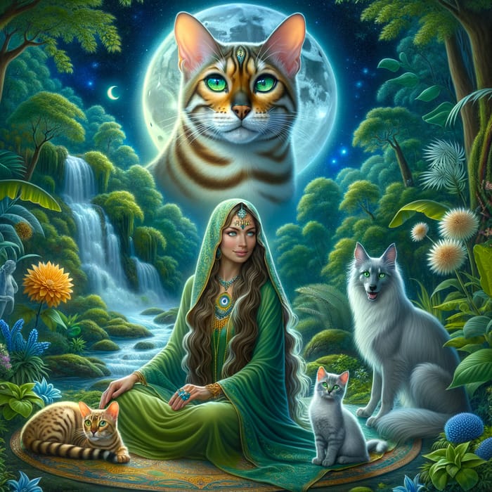 Enchanted Bengal Cat with Shaman and Magical Animals in Nature Scene