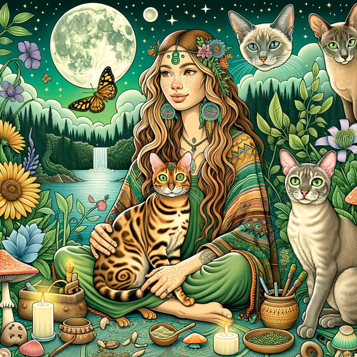 Golden Bengal Cat and Shaman Woman in Enchanted Natural Realm