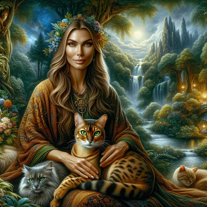 Mystical Forest Shaman with Bengal Cat and Dreamlike Scene