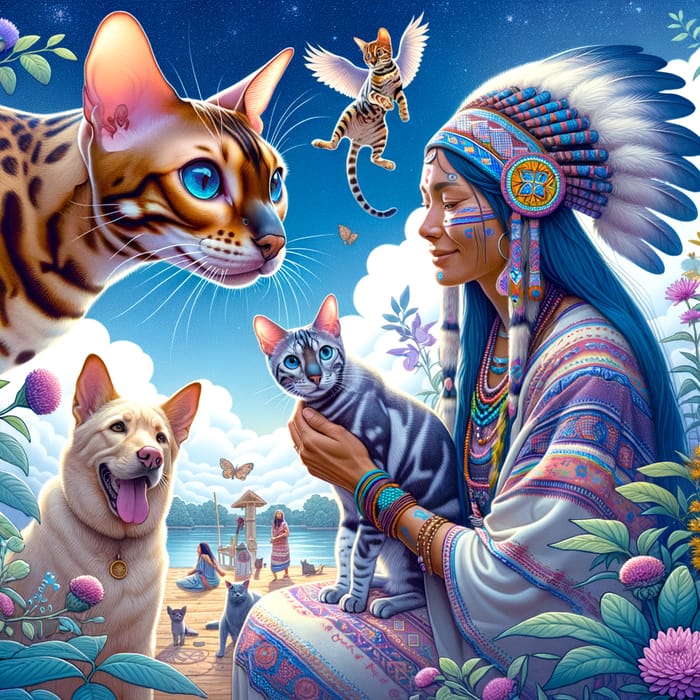 Bengal Cat and Shaman Woman with Animals in Sky Scene