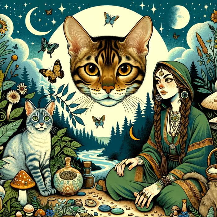 Mystical Woman with Bengals & Russian Blue Cat in Enchanted Garden