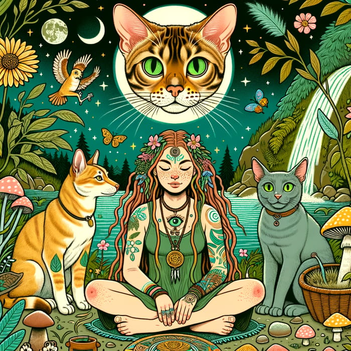 Golden Bengal Cat and Shaman Woman in Magical Nature Scene