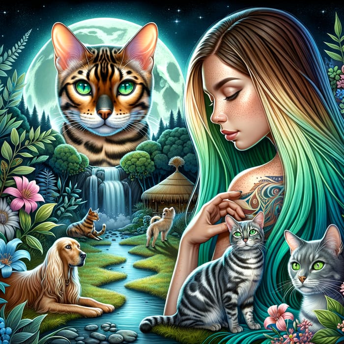 Mystical Bengal Cat Observing Shaman Woman in Nature Scene