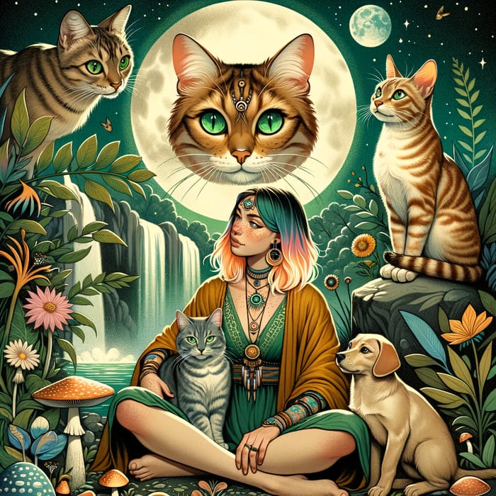Golden Bengal Cat and Shaman Amidst Nature's Beauty