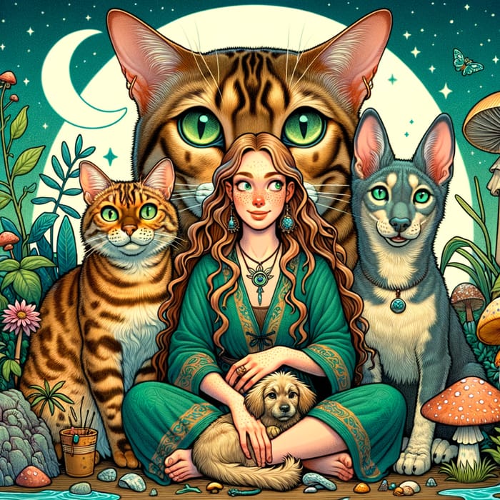 Mystical Connection: Bengal Cat, Shaman Woman & Nature Harmony