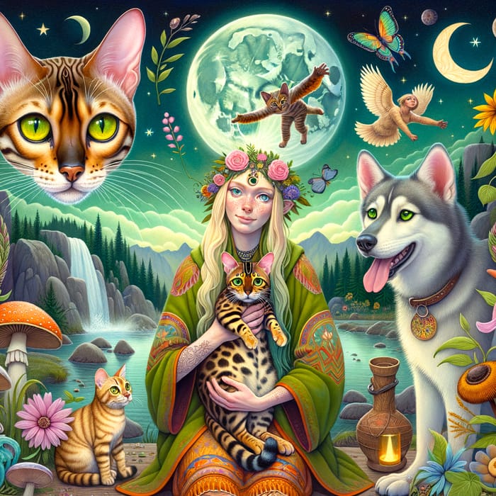 Enchanting Scene with Bengal Cats, Shaman Woman, and Nature's Beauty