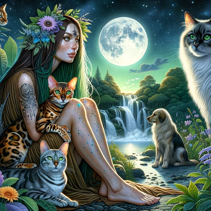Mystic Scene: Bengal Cat, Shaman Woman, and Nature Spirits