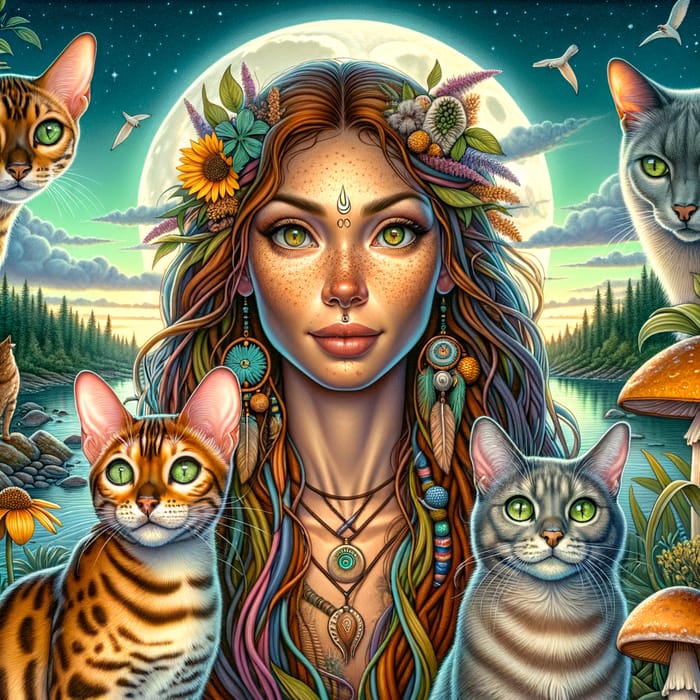 Enchanting Shaman Woman with Golden Bengal Cat and Russian Blue Cat