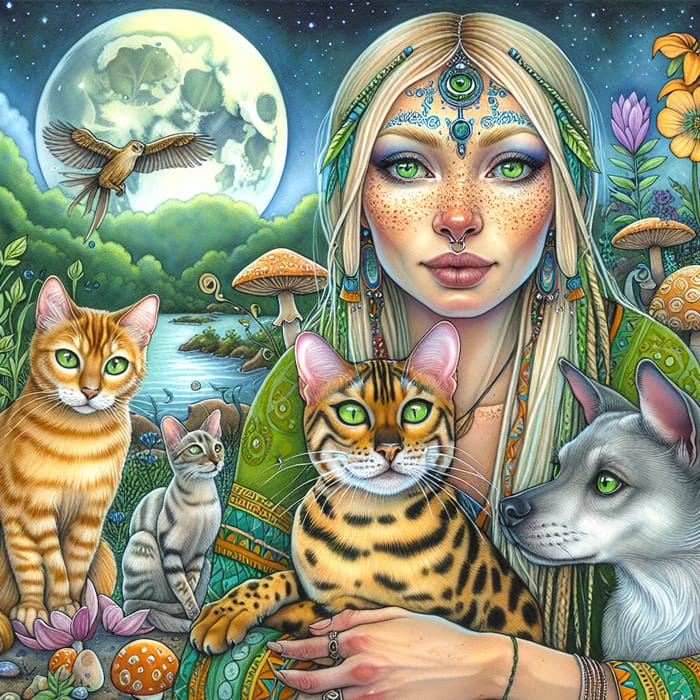 Magical Bengal and Russian Cats with Shamanic Woman and Creole Dog