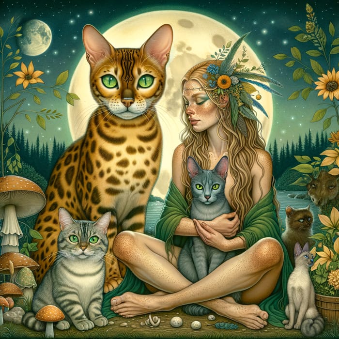 Mystical Bengal Cat with Shaman Amid Nature and Moonlit Sky