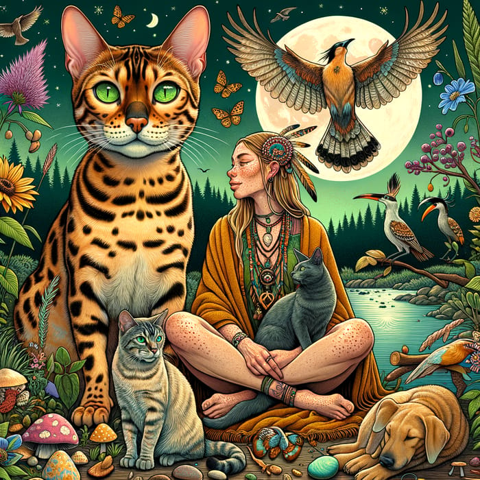 Golden Bengal Cat and Shamanic Woman in Nature Setting with Green Tones