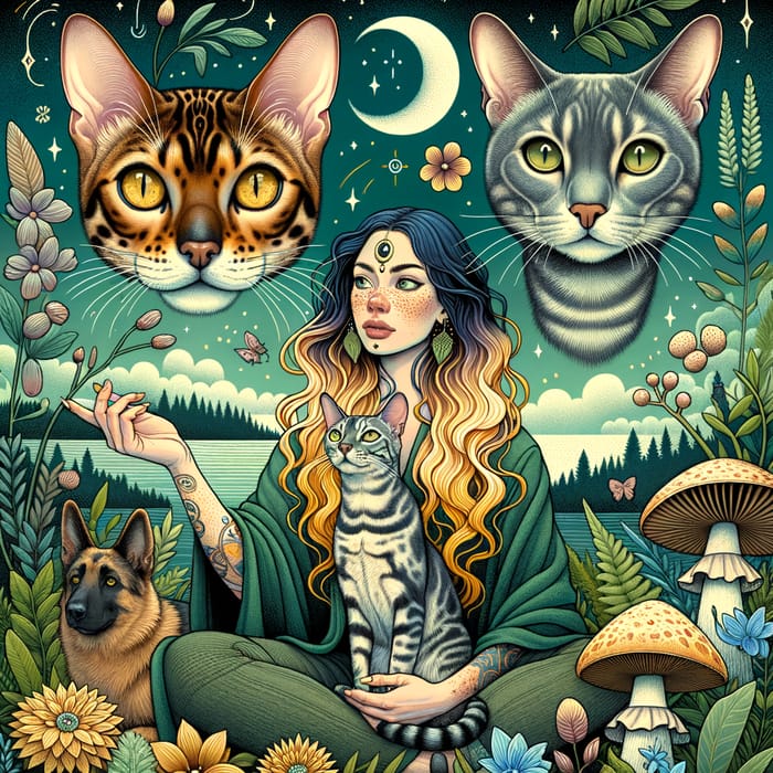 Mystical Shaman Scene with Bengal Cat, Animals, and Moon