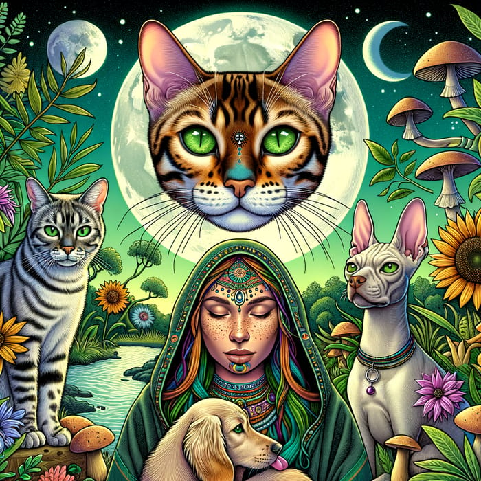 Golden Bengal Cat and Shaman Woman Surrounded by Nature Harmony