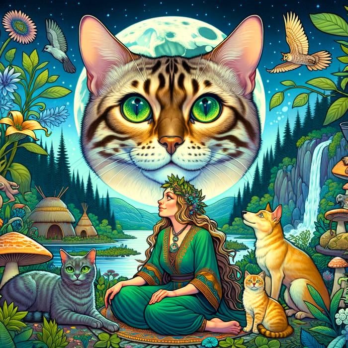Golden Bengal Cat and Shaman Woman with Enchanted Creatures in Magical Setting