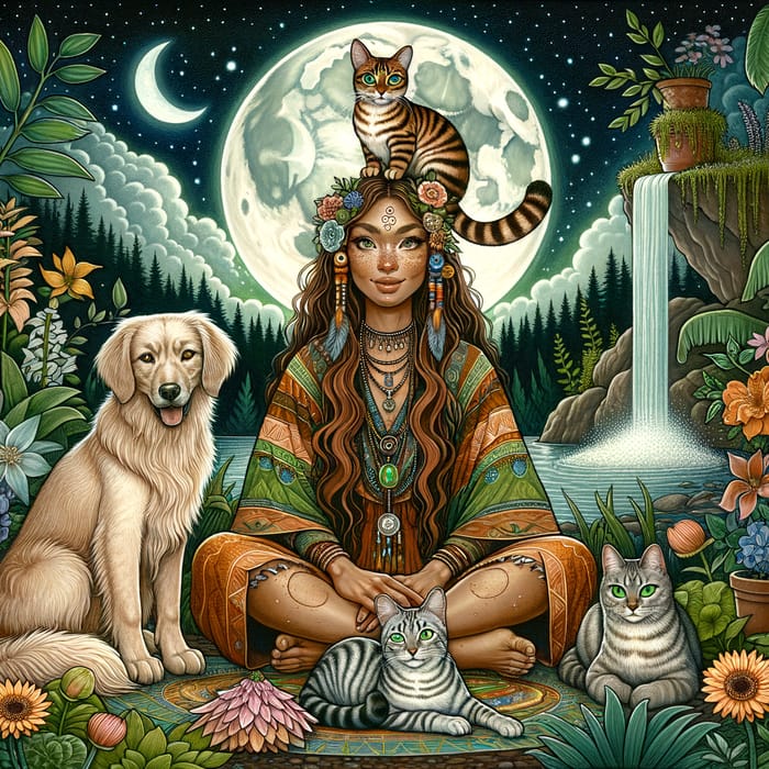 Mystical Connection: Bengal Cat and Shaman Woman Under Full Moon