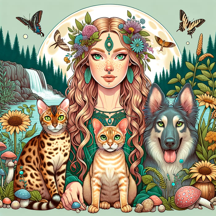 Golden Bengal Cat and Shaman Woman with Green Tones in Enchanted Setting