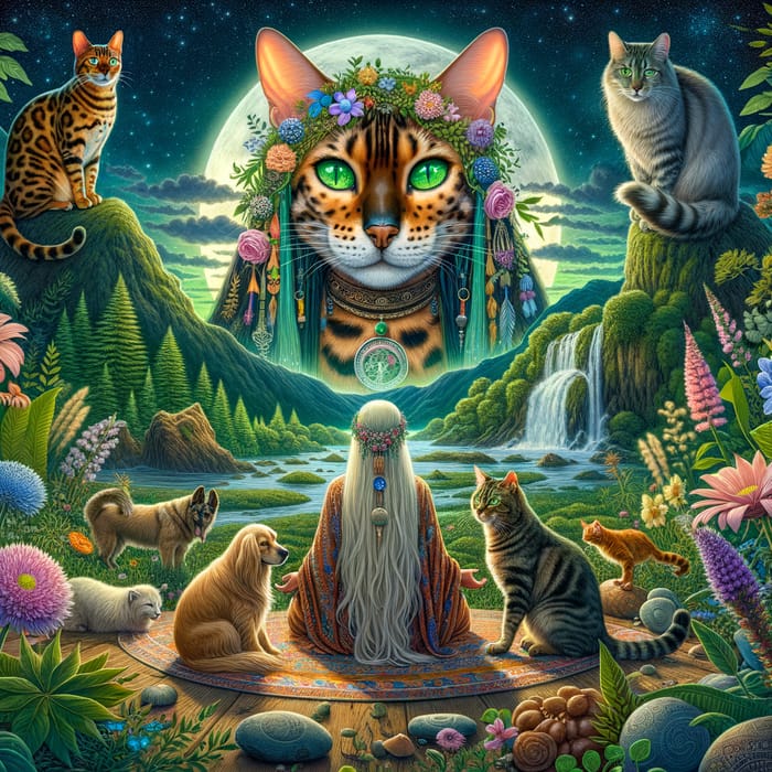 Mystical Scene: Bengal Cat Watching Shaman Woman with Animals in Nature