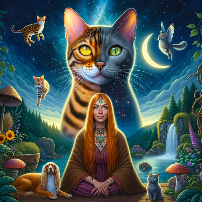 Shamanic Woman Surrounded by Bengal Cats, Russian Blue, and Golden Dog