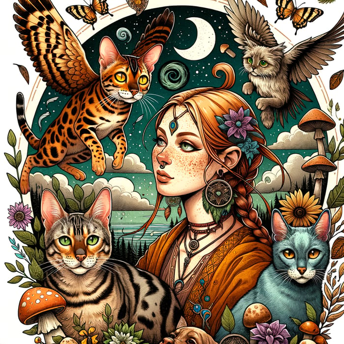 Mystical Shaman Woman with Bengal and Russian Cats, Blond Dog in Nature Scene