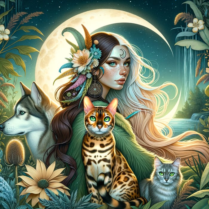 Mystical Scene: Bengal Cat, Shaman Woman, and Nature Harmony