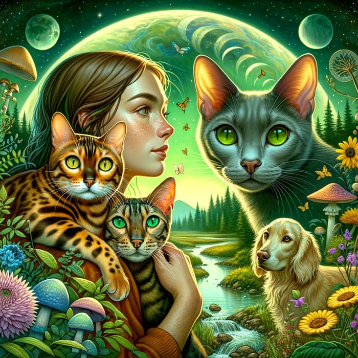 Mystical Encounter with Bengal Cats and a Fluffy Dog in Green Tone Environment