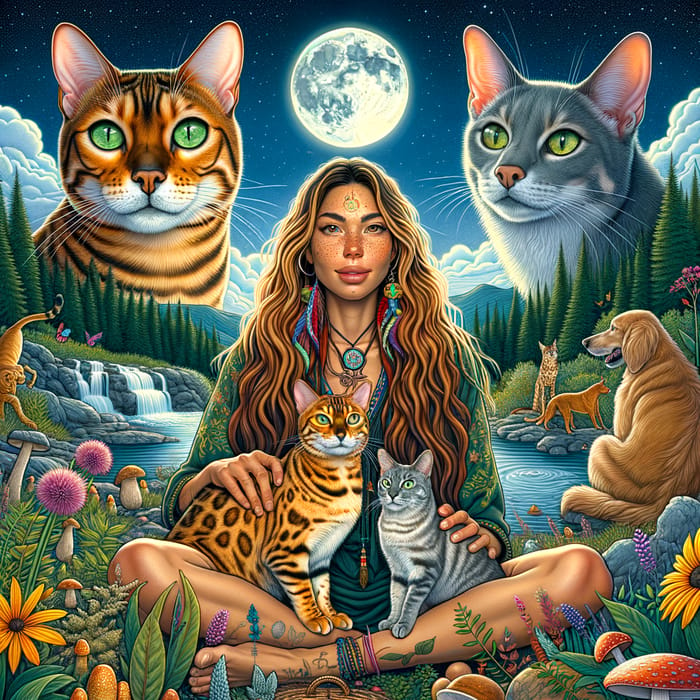 Golden Bengal Cat and Shaman Woman by Moonlit Nature Scene