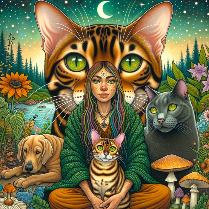Shamanistic Healing with Bengal, Russian Blue Cats, and Giant-Eared Dog in Lush Nature