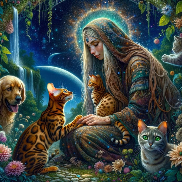 Mystical Bengal Cat Shaman with Pets under Full Moon