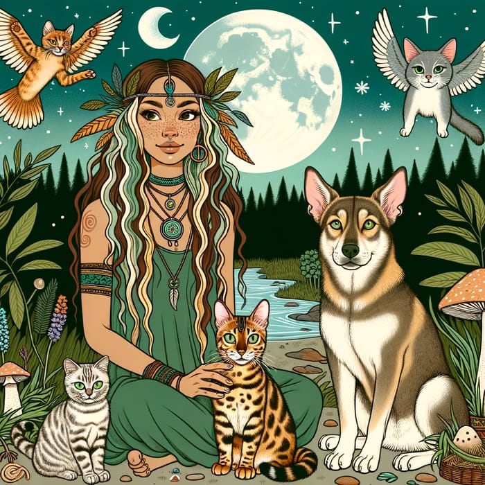 Golden Bengal Cat and Shaman Woman: Enchanting Nature Scene Under the Moonlight