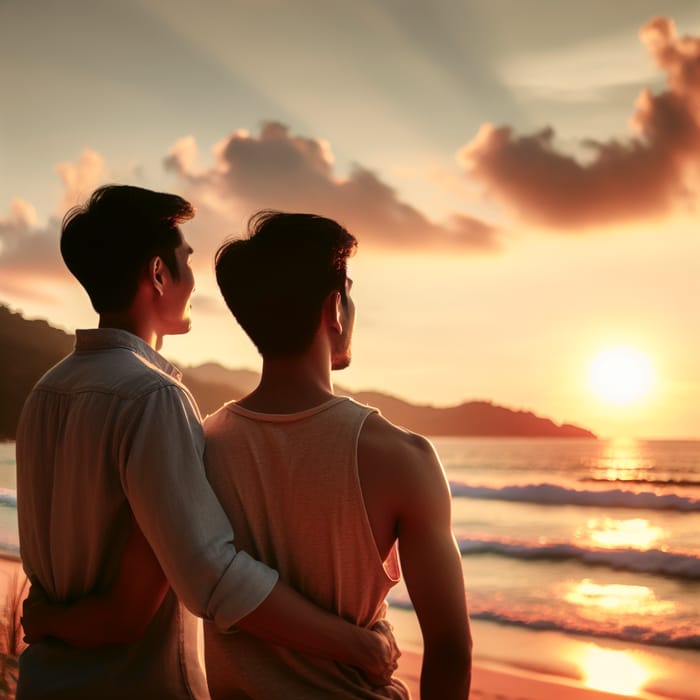 Beautiful Sunset Beach Lovers: Age-Diverse Gay Couple Scene
