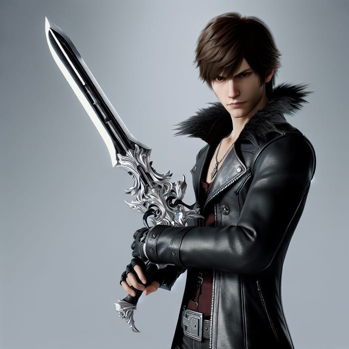 Squall from Final Fantasy 8 with Gunblade Art - Unique Character in Black Leather Jacket