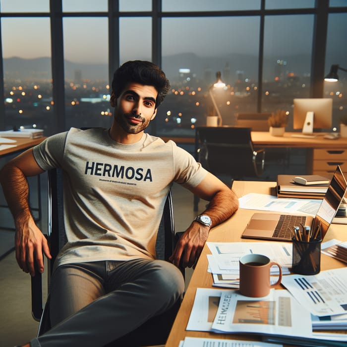 Middle-Eastern Man Sitting in Modern Office with HERMOSA T-Shirt