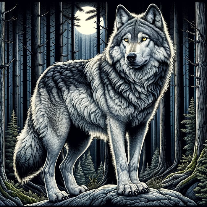 Majestic Wolf in Pine Forest - Detailed Illustration