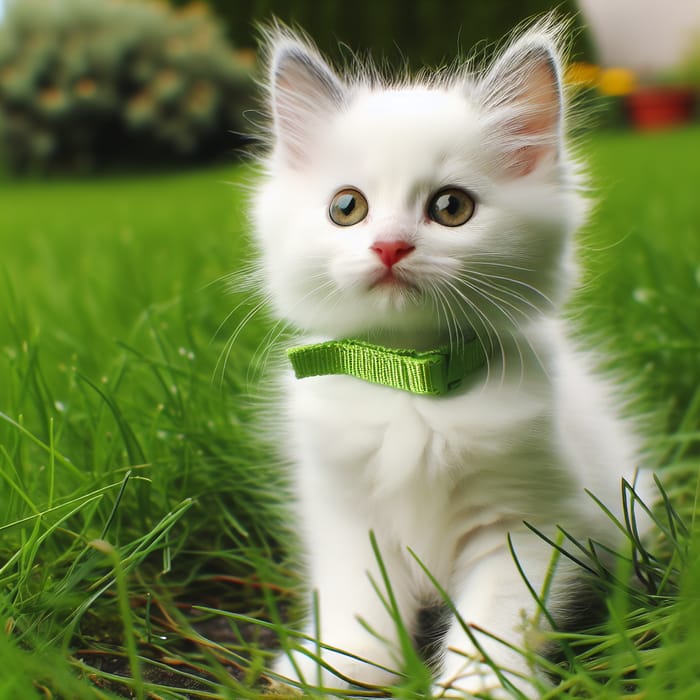 Cute White Kitten with Yellow Eyes in Grass | Green Collar