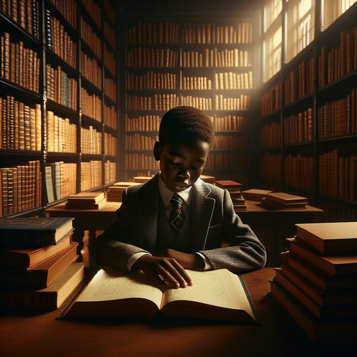 African Professor Boy Engrossed in Library Studies