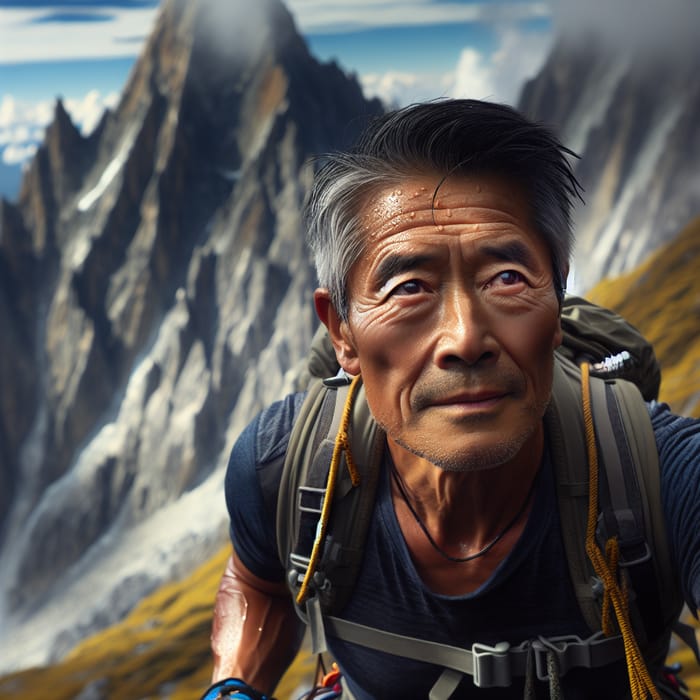 An Older Asian Man Climbing a Mountain