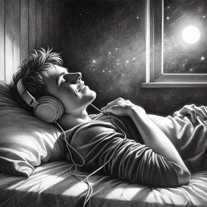 Pencil Sketch of a Young Man Listening to Music