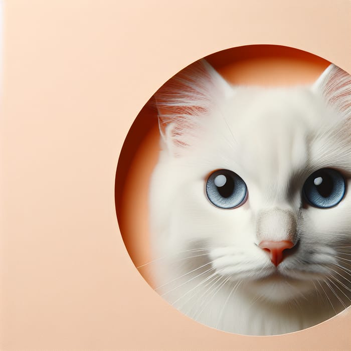 White Cat Face with Striking Blue Eyes on Light Orange Background