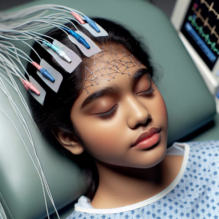 Soothing South Asian Woman Rests on Medical Chair with ECG Wires