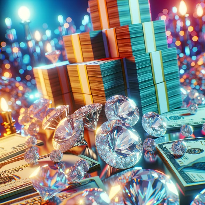 Opulent Wealth: Vibrant Diamonds and Money Stacks | Glamorous Lifestyle