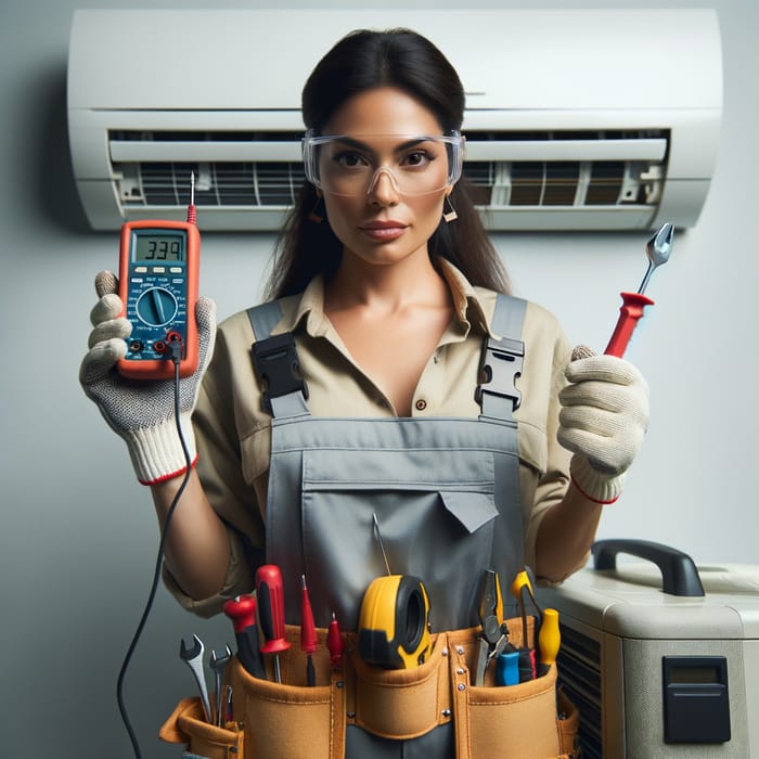 Hispanic Female Film Character Performing Air Conditioner Maintenance