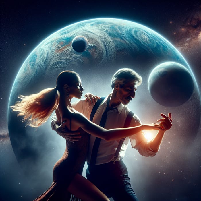 Celestial Tango: Couple Dancing Beneath Enormous Planet