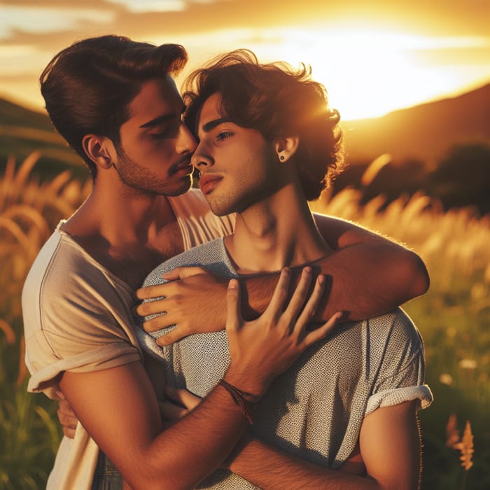 Romantic Sunset Embrace: Diverse Young Men in Meadow