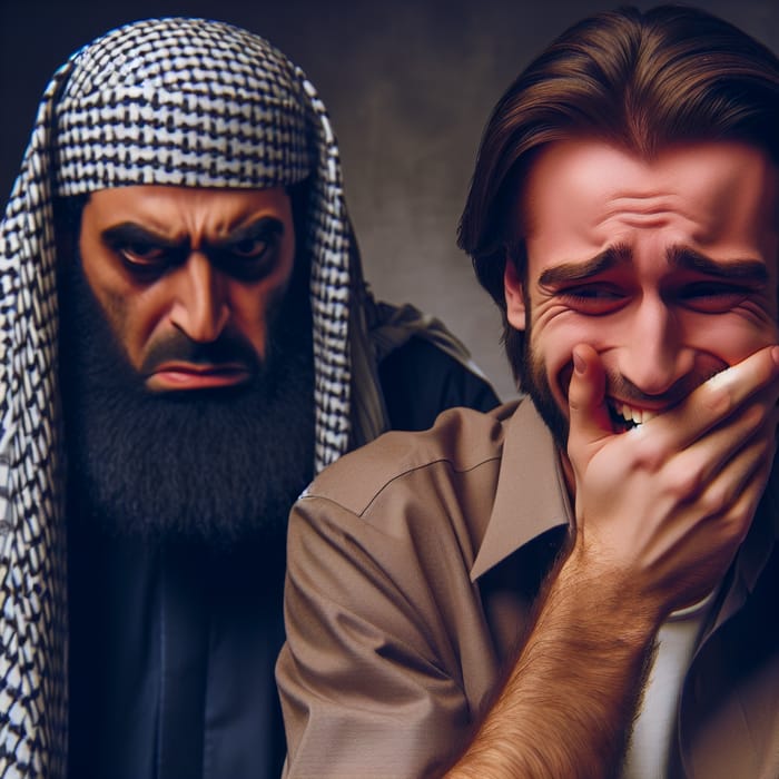 Meme: Caucasian Man Suppressing Laughter, Middle-Eastern Man Displeased