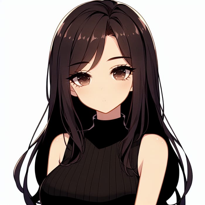 Stylish Anime Girl with Long Black Hair and Brown Skin Color