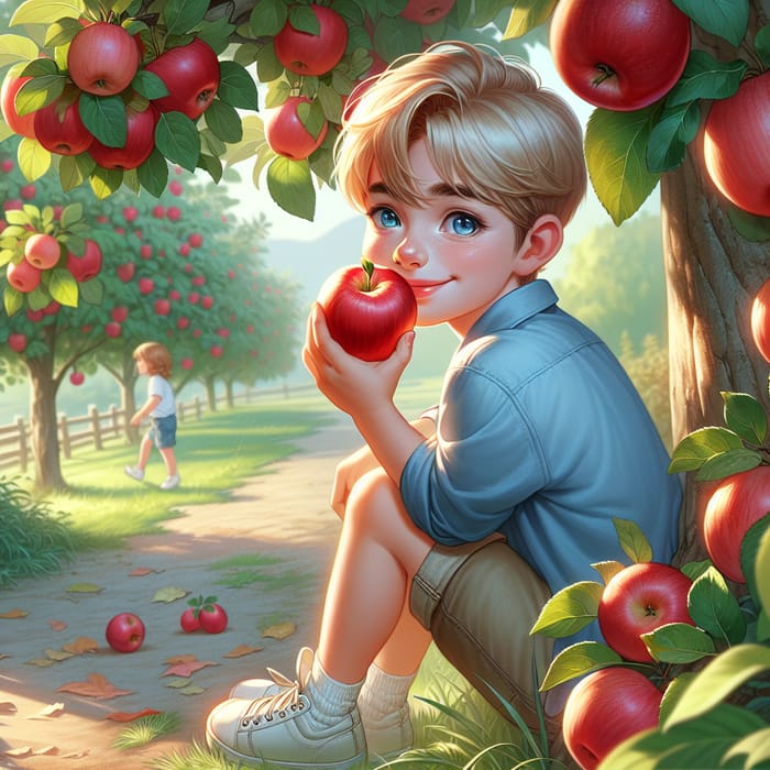 Serene Illustration of Young Boy Eating Apple by Lush Tree