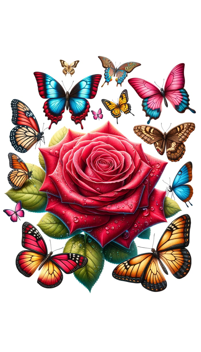 Serene Red Rose with Vibrant Butterflies
